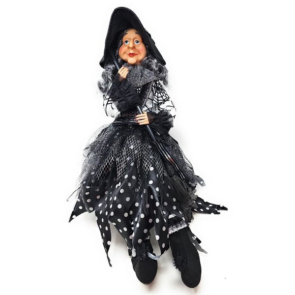 Halloween Witch 24" White Polka Dot Dress and Pointed Hat Party Decor Wreath Cen - Picture 6 of 6